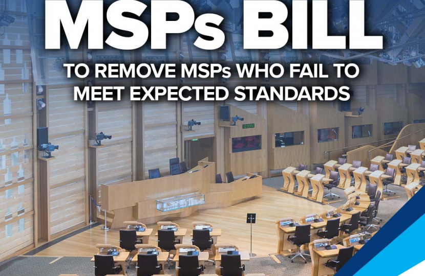 A graphic with the Parliamentary chamber as the background. The text reads: Removing MSPs Bill to remove MSPs who fail to meet expected standards.