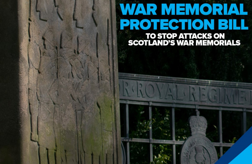 Graphic that says "War Memorial Protection Bill: to stop attacks on Scotland's war memorials"