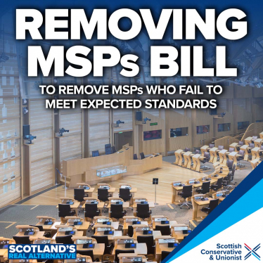 A graphic with the Parliamentary chamber as the background. The text reads: Removing MSPs Bill to remove MSPs who fail to meet expected standards.